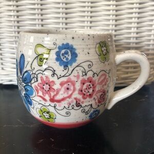 Anthropologie Biscuit Brand ￼colorful Red Blue Painted Speckled Floral Mug